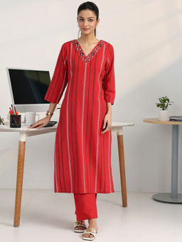 Gerua By Libas - Red Striped Woven Design Kurta