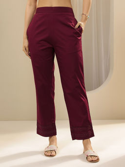 Libas - Maroon Solid Relaxed Fit Pant with Embroidered Hem