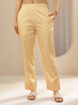 Libas - Beige Solid Relaxed Fit Pant with Embroidered Hem
