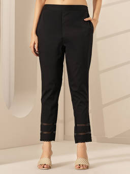 Libas - Black Solid Skinny Fit Pant with Attached Lace On Hem