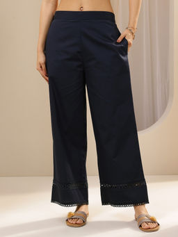 Libas - Blue Solid Straight Fit Palazzo with Embroidered Hem