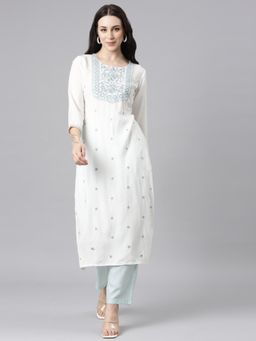 NEERU'S - Women Blue Embroidered Regular Fit Viscose Rayon Kurta