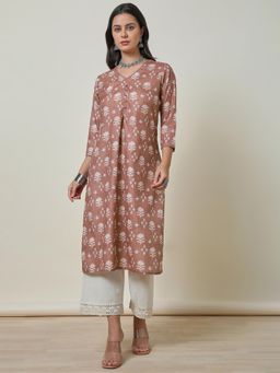 Soch - Women Brown Floral Printed Regular Fit Linen Kurta