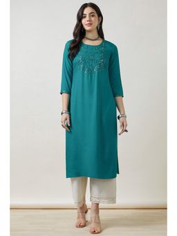 Soch - Women Green Embroidered Regular Fit Rayon Kurta