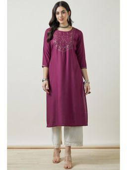 Soch - Women Wine Embroidered Regular Fit Rayon Kurta