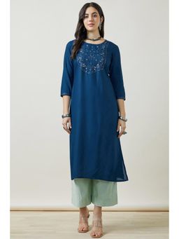 Soch - Women Navy Blue Embroidered Regular Fit Rayon Kurta