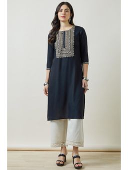 Soch - Women Black Embroidered Regular Fit Rayon Kurta