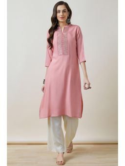 Soch - Women Pink Embroidered Regular Fit Rayon Kurta