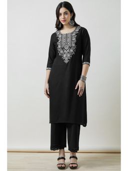 Soch - Women Black Embroidered Regular Fit Rayon Kurta
