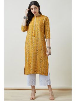 Soch - Women Mustard Printed Regular Fit Rayon Kurta