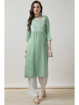 Soch - Women Green Embroidered Regular Fit Rayon Kurta
