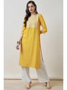 Soch - Women Mustard Embroidered Regular Fit Rayon Kurta