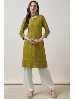 Soch - Women Olive Embellished Regular Fit Rayon Kurta