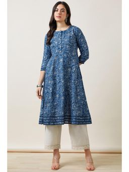 Soch - Women Blue Floral Printed Regular Fit Cotton Kurta