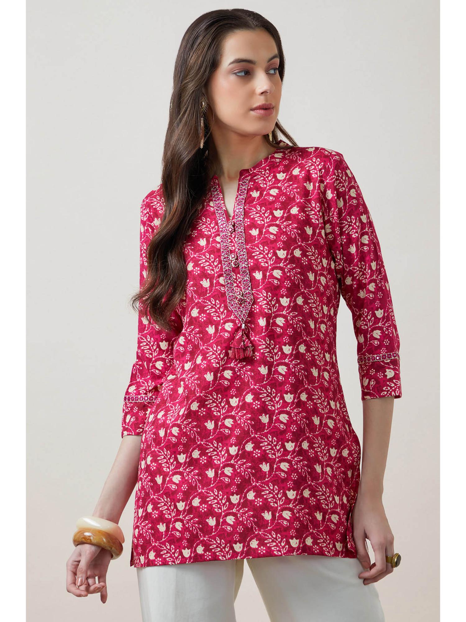 Women Pink Floral Printed Regular Fit Rayon Kurti-image-10