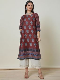 Soch - Women Maroon Floral Printed Regular Fit Rayon Kurta