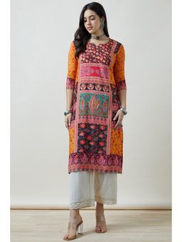 Soch - Women Mustard Floral Printed Regular Fit Blended Fabric Kurta