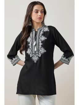 Soch - Women Black Embroidered Regular Fit Rayon Kurti
