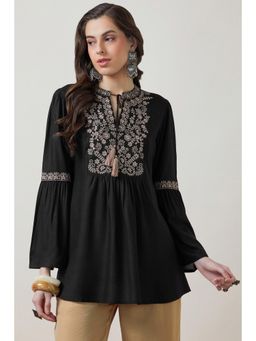 Soch - Women Black Embroidered Gathered Fit Rayon Kurti
