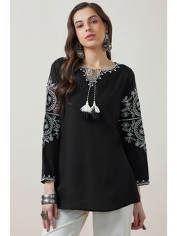 Soch - Women Black Embroidered A-Line Fit Rayon Kurti