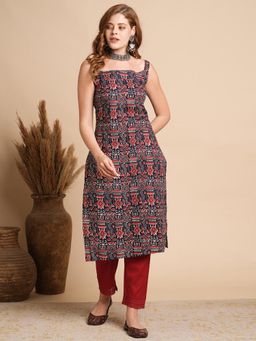 FASHOR - Women Black Printed Straight Fit Cotton Kurta