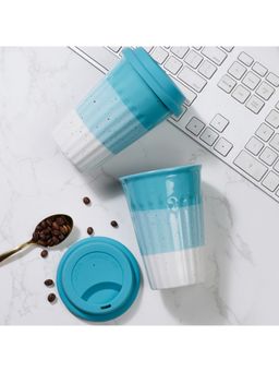 HomeTown - Emilia Ceramic Travel Flask & Mug 420Ml Set Of 2 In Dusky Blue Colour