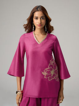 Gajra Gang - Patiala Chowk Pink Poly Silk Floral Embroidered Tunic