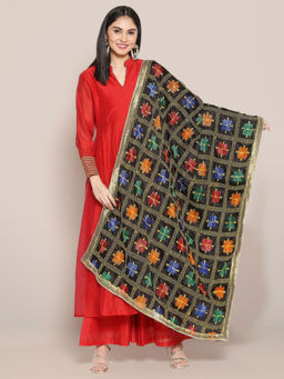 Dupatta Bazaar - Womens Black Phulkari Chinnon Dupatta