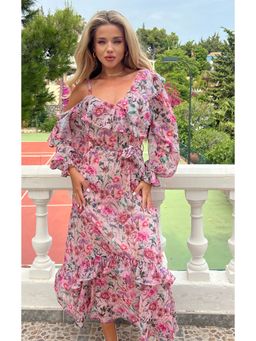 IS.U - Women Pink Floral Print Dress with Belt