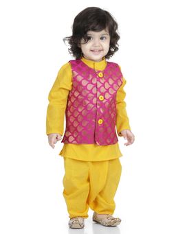 BownBee - Cotton Dhoti Kurta with Jacket Yellow and Pink (Set of 3)