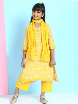 Biba - Yellow Printed Kurta With Pant And Dupatta (Set of 3)