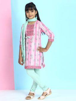 Biba - Pink Printed Kurta With Churidar And Dupatta (Set of 3)