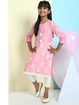 Biba - Pink Printed Kurta With Leggings And Mask (Set of 3)