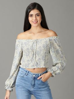 SHOWOFF - Womens Full Sleeves Off-Shoulder Off White Printed Top