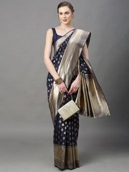 Akhilam - Womens Cotton Silk Navy Blue Woven Design Saree with Unstitched Blouse
