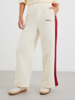 Styli - Women Wide Leg Contrast Color Bock Side Seam Panel Off White Track Pant