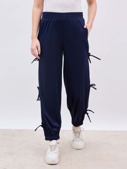Styli - Women Cuffed Leg Side Tie Up Detail Navy Blue Joggers