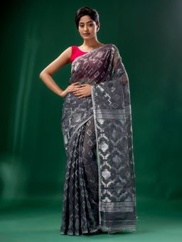 CHARUKRITI - Grey Cotton Silk Handwoven Soft Jamdani Saree without Blouse