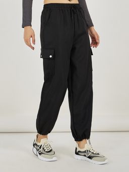Styli - Women Black High Rise Solid Parachute Joggers