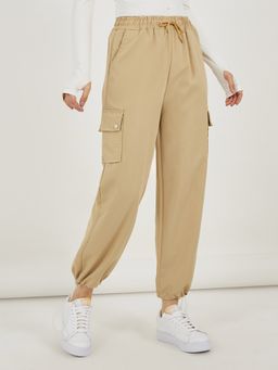 Styli - Women Beige High Rise Solid Parachute Joggers