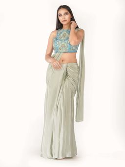 Shruti S - Green Draped Saree With Racer Blouse with Stitched Blouse