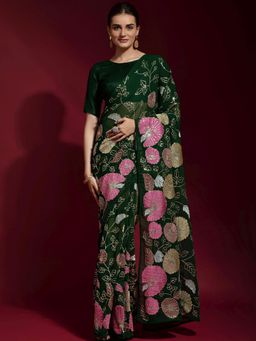 Odette - Green Embroidered Banglori Silk Saree with Unstitched Blouse