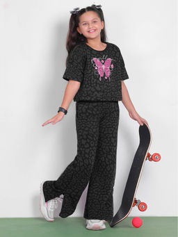 Little Carrot - Girls' Black Animal Printed Co-Ord Set with Butterfly Detailing