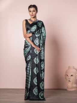 EXCLUSIVA - Black and Green Satin Crepe Digital Print Saree with Unstitched Blouse