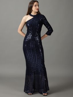 SHOWOFF - Womens Embellished Asymmetric Neck Navy Blue Maxi Dress