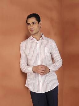 Fabindia - White and Pink Striped Cotton Printed Slim Fit Shirt