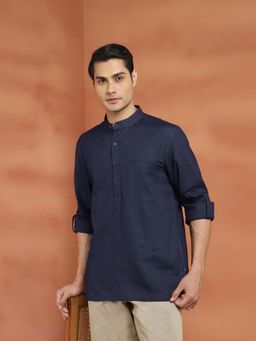 Fabindia - Navy Blue Solid Cotton Long Shirt