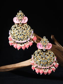Fida - Wedding Gold Plated Pink Floral and Kundan Detail Drop Earrings For Women