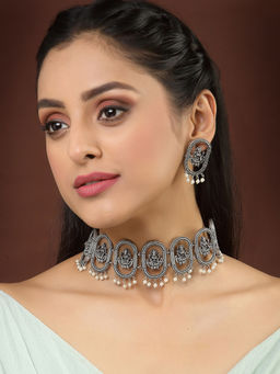 PANASH - Silver-Toned Oxidized Antique Temple Choker Necklace with Earrings (Set of 2)