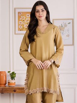First Resort by Ramola Bachchan - Sand Floral Cutwork Kurta